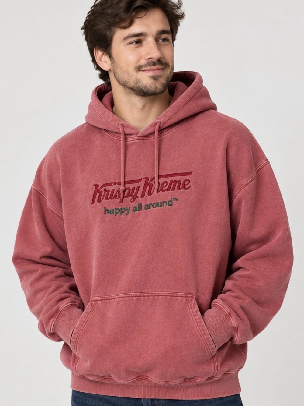 Unisex Krispy Kreme Happy All Around Hoodie Red Distressed Embroidered